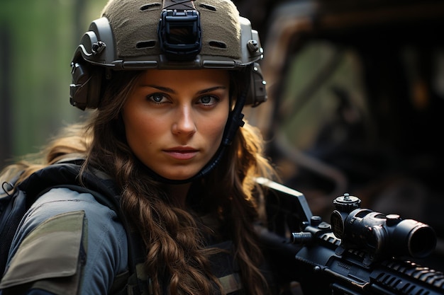 Foto retrato em close-up de mulheres do exército dos estados unidos apontando com um rifle