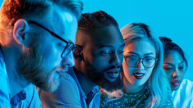 Retrato em close-up de profissionais criativos com iluminação azul Trabalho em equipe colaborativo em um espaço de trabalho moderno