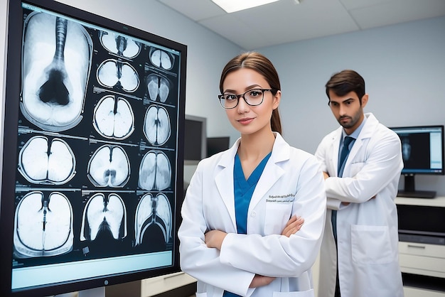 Retrato em close-up de profissionais de saúde intelectuais com casaco de laboratório branco olhando para a imagem radiográfica de raios-X do corpo inteiro CT scan MRI clínica hospitalar isolada fundo departamento de radiologia