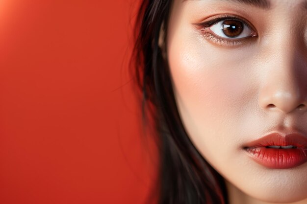 Retrato em close-up de rosto de mulher contra fundo vermelho Inteligência Artificial Gerativa