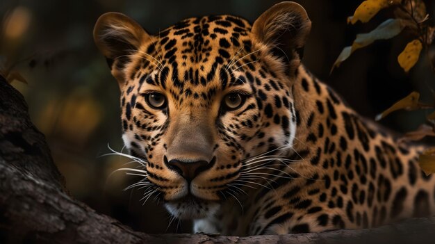 Retrato em close-up de rosto lateral leopardo carnívoro feroz olhando ou olhando diretamente para a frente no fundo da natureza