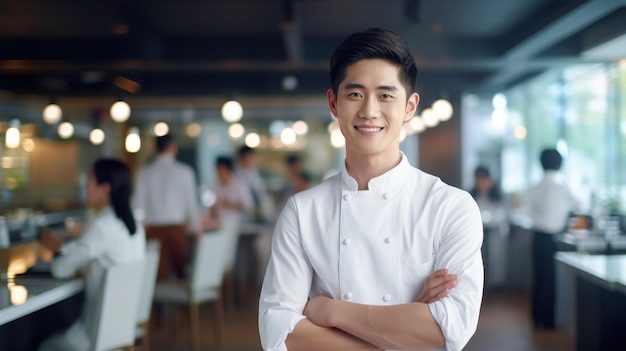 Retrato em close-up de um belo jovem cozinheiro asiático com uniforme branco de convidados em pé comendo