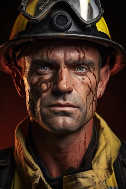 Retrato em close-up de um bombeiro com sangue no rosto