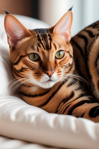 Retrato em close-up de um bonito gato de Bengala dormindo em uma cama