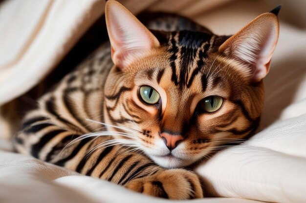 Retrato em close-up de um bonito gato de Bengala dormindo em uma cama