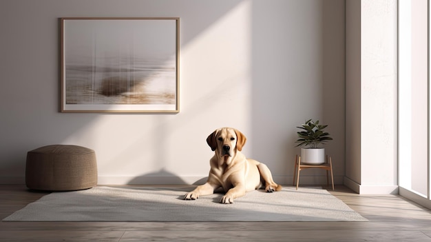 retrato em close-up de um cão bonito tranquilamente deitado em um tapete de chão cinza em uma sala de estar moderna uma atmosfera quente e convidativa com espaço de cópia livre