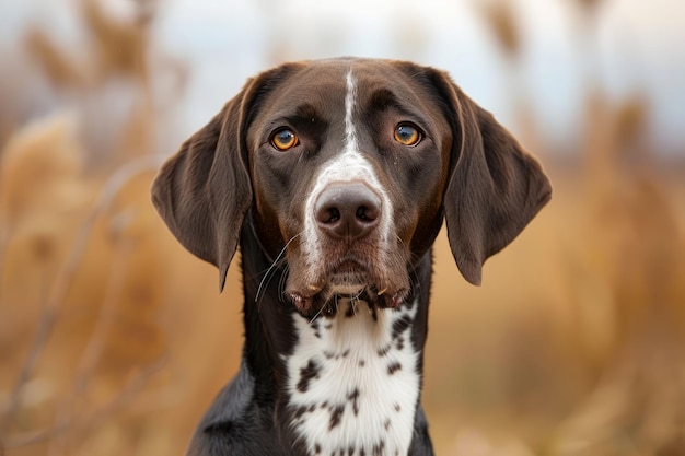 Retrato em close-up de um cão ponteiro castanho e branco com olhos animados em cenário natural