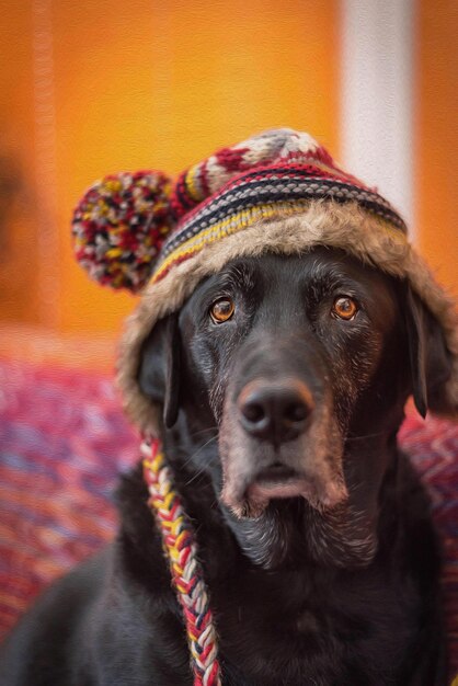 Foto retrato em close-up de um cão preto em casa