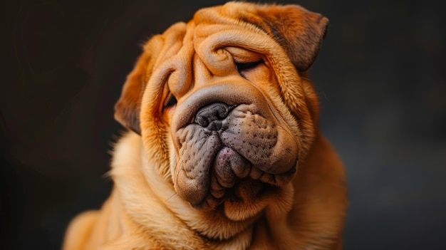 Retrato em close-up de um cão Shar Pei sorridente com rugas adoráveis em fundo escuro