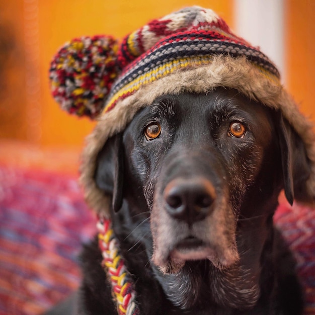 Foto retrato em close-up de um cão usando um chapéu