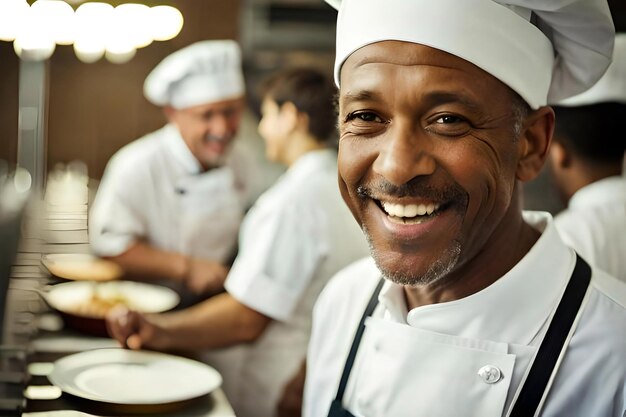 Retrato em close-up de um chef de meia-idade entusiasmado usando um chapéu e avental de chef