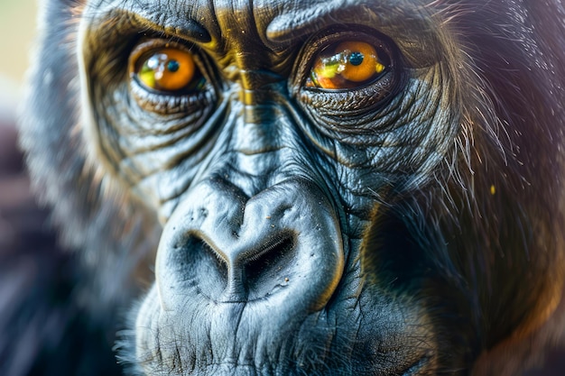 Retrato em close-up de um chimpanzé com olhos laranja vívidos detalhando a textura facial