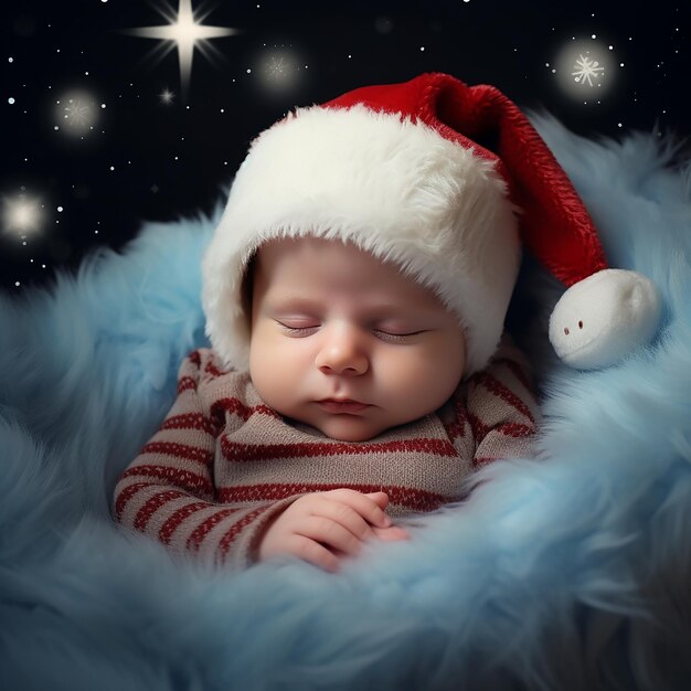 Foto retrato em close-up de um doce bebê vestindo um chapéu vermelho festivo de papai noel e dormindo calmamente em chr