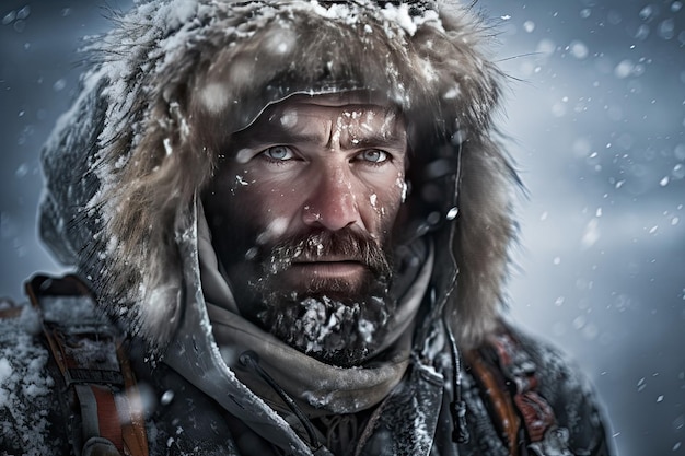 Retrato em close-up de um explorador polar durante uma tempestade de neve