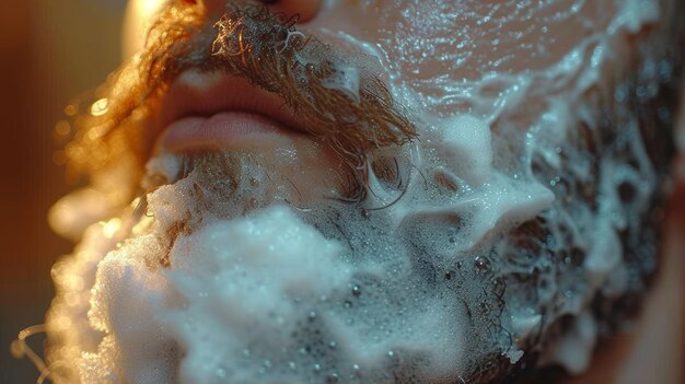 Foto retrato em close-up de um homem barbudo em um banho de espuma ia geradora