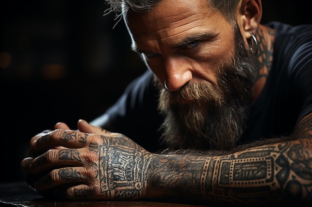 Retrato em close-up de um homem bonito com uma tatuagem no rosto