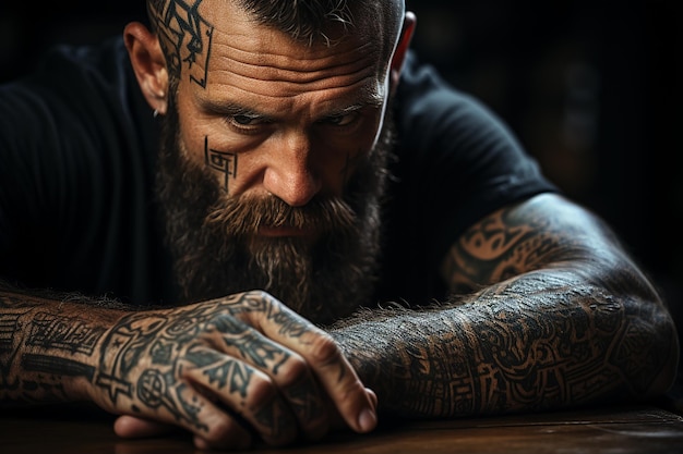 Retrato em close-up de um homem bonito com uma tatuagem no rosto