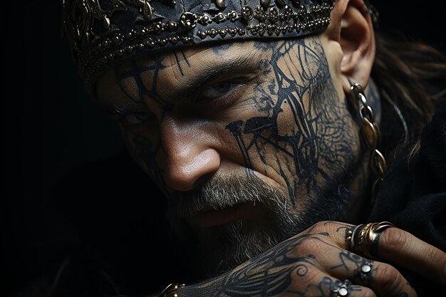 Retrato em close-up de um homem bonito com uma tatuagem no rosto