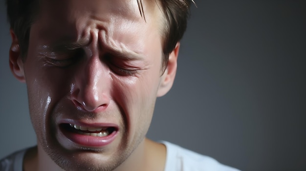 Retrato em close-up de um homem branco chorando contra um fundo branco com espaço para texto gerado por IA