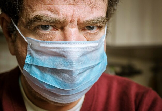 Foto retrato em close-up de um homem com máscara médica