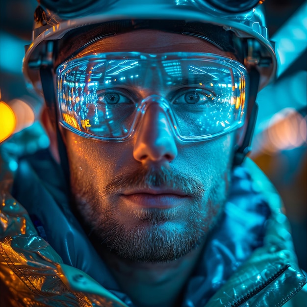 Retrato em close-up de um homem com óculos de proteção trabalhando no campo de petróleo trabalhador do petróleo trabalhador industrial