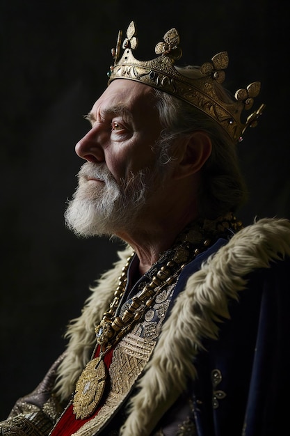 Retrato em close-up de um homem idoso com uma longa barba branca e coroa Estúdio filmado em fundo escuro