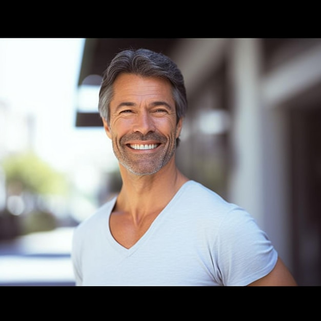 Foto retrato em close-up de um homem sorrindo para uma câmera