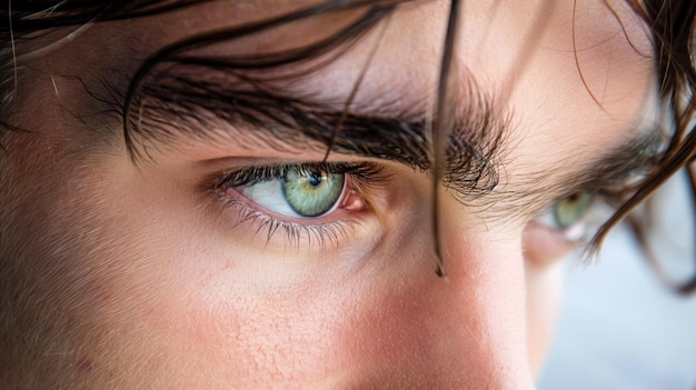 Retrato em close-up de um jovem atencioso cativando os olhos de um sonhador