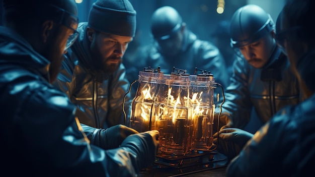 Retrato em close-up de um jovem cientista em casaco de laboratório usando luvas de nitrilo fazendo experiências em laboratório