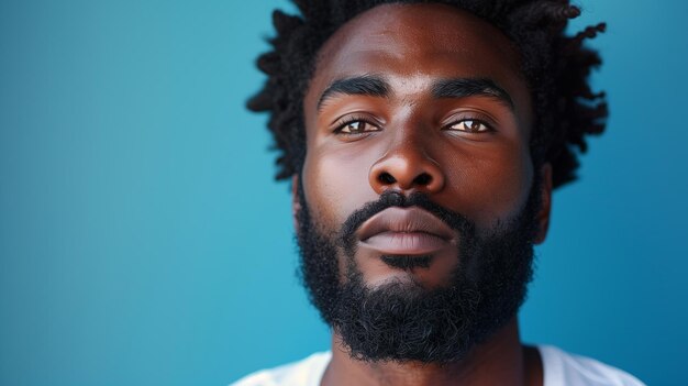 Foto retrato em close-up de um jovem com barba contra um fundo azul