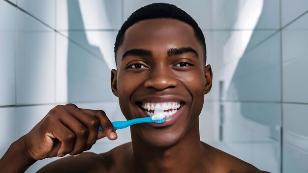 Retrato em close-up de um jovem feliz escovando os dentes em uma parede branca