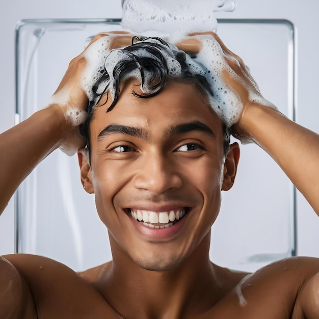Foto retrato em close-up de um jovem sorridente feliz a lavar o cabelo com shampoo isolado em branco