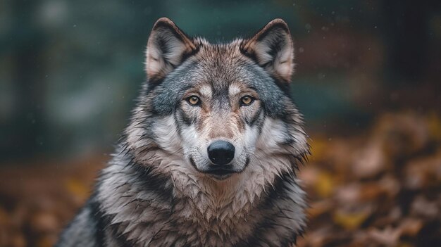 Retrato em close-up de um lobo na floresta