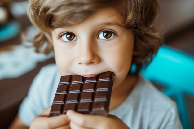 Retrato em close-up de um menino bonito comendo chocolate