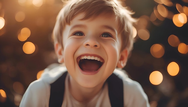 Retrato em close-up de um menino bonito rindo e se divertindo ao ar livre