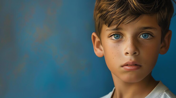 Foto retrato em close-up de um menino com sardas e olhos azuis olhando para a câmera com uma expressão séria no rosto