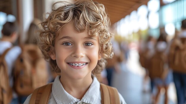 Retrato em close-up de um menino de escola sorridente, inteligente e de cabelos encaracolados com aparelhos dentários.