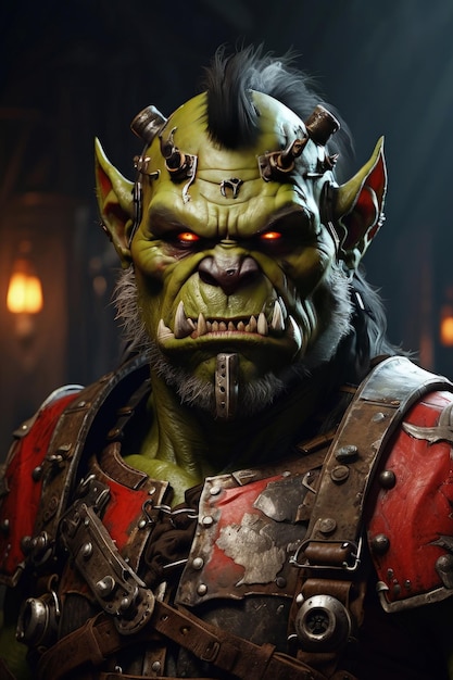 retrato em close-up de um orc monstro na armadura de um cavaleiro