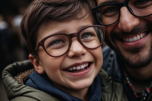 Retrato em close-up de um pai e um filho sorridente com óculos
