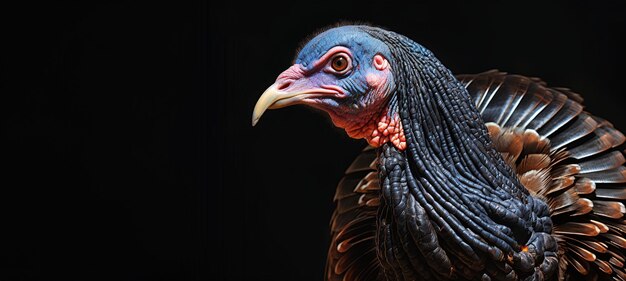 Retrato em close-up de um peru em um fundo preto com espaço de cópia