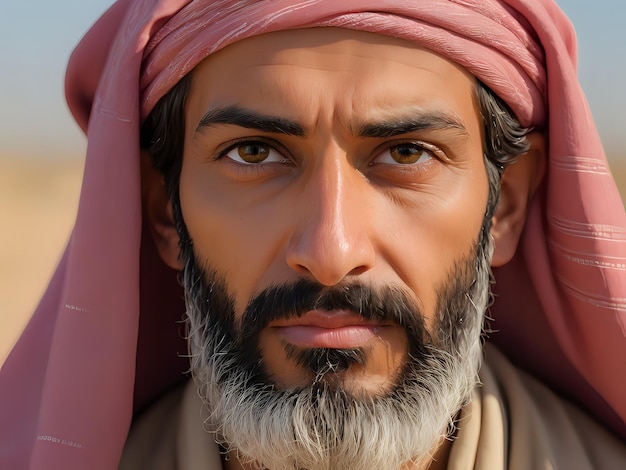 Foto retrato em close-up de um velho árabe com barba vestindo roupas tradicionais de pé no deserto