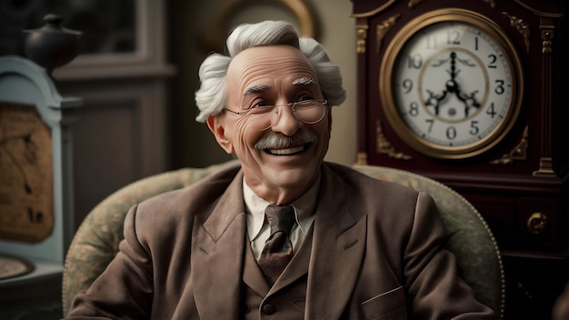 Retrato em close-up de um velho avô sorridente com um relógio