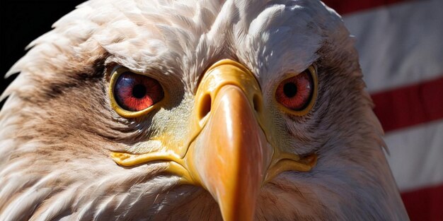 Retrato em close-up de uma águia com a bandeira dos Estados Unidos ao fundo