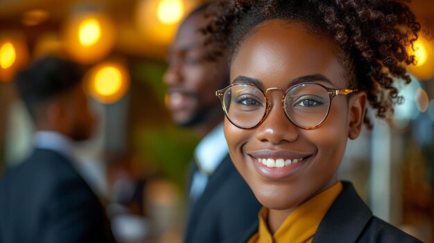 Foto retrato em close-up de uma alegre mulher de negócios afro-americana em um escritório brilhante atraente de pele escura