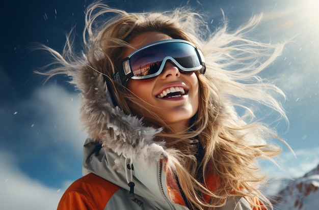 Retrato em close-up de uma bela garota em um terno de esqui e óculos de proteção