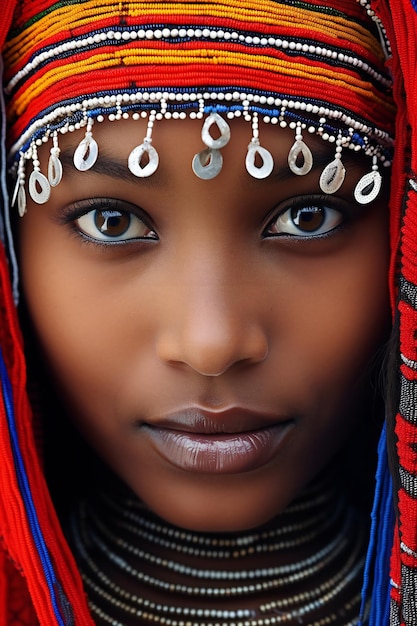 Retrato em close-up de uma bela jovem africana vestindo roupas tradicionais