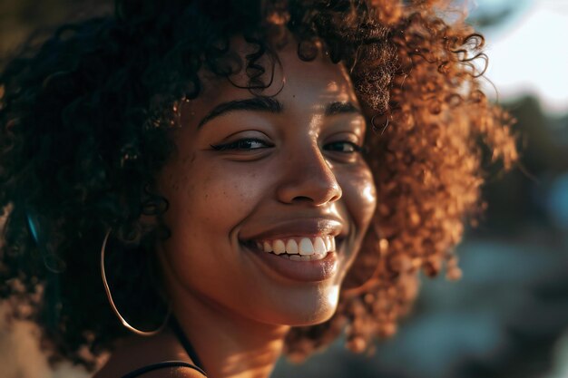 Retrato em close-up de uma bela jovem afro-americana com cabelo encaracolado sorrindo ao ar livre