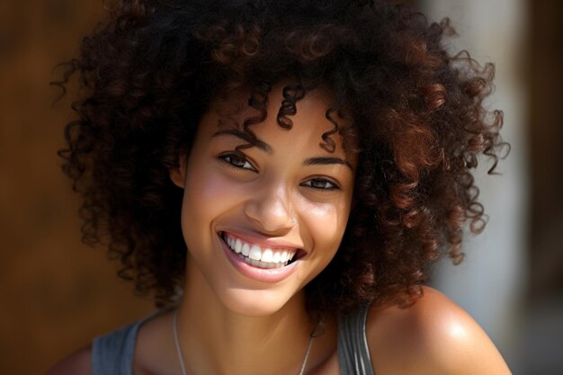 Foto retrato em close-up de uma bela jovem afro-americana sorrindo