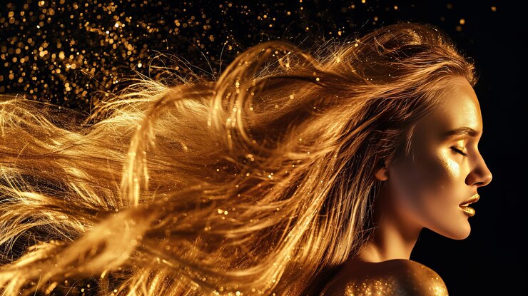 Foto retrato em close-up de uma bela jovem com a pele e o cabelo tingidos de ouro modelo feminino sedutor com cabelos longos e brilho dourado mágico isolado em fundo preto