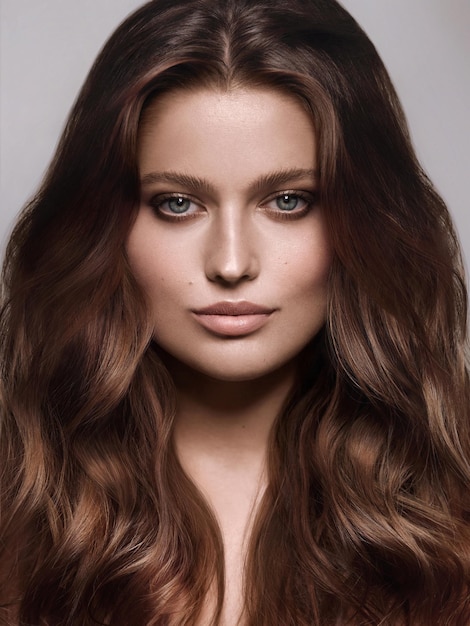Retrato em close-up de uma bela jovem com cabelo castanho sobre fundo branco